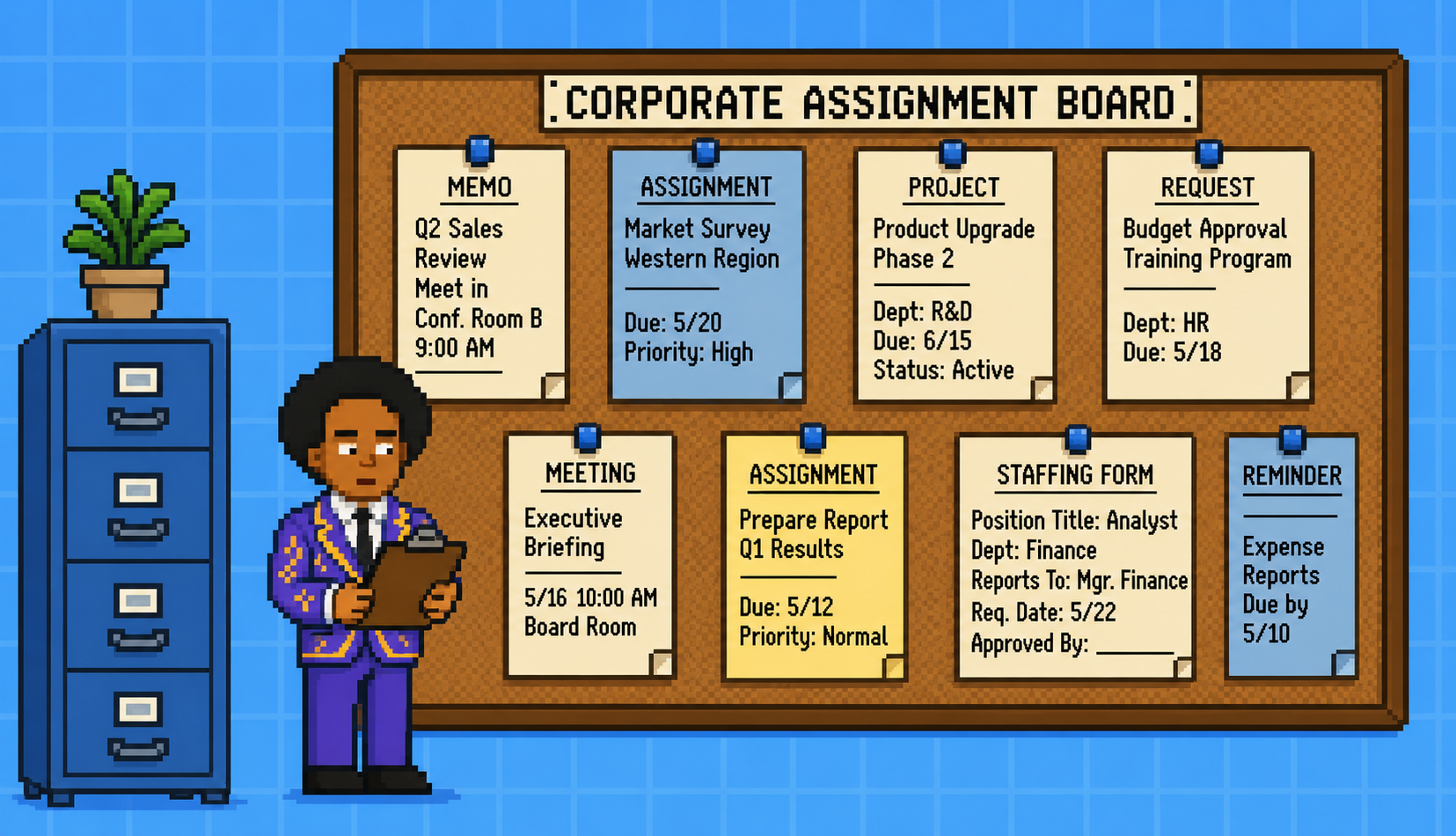 Corporate assignment board covered in pinned memos and forms