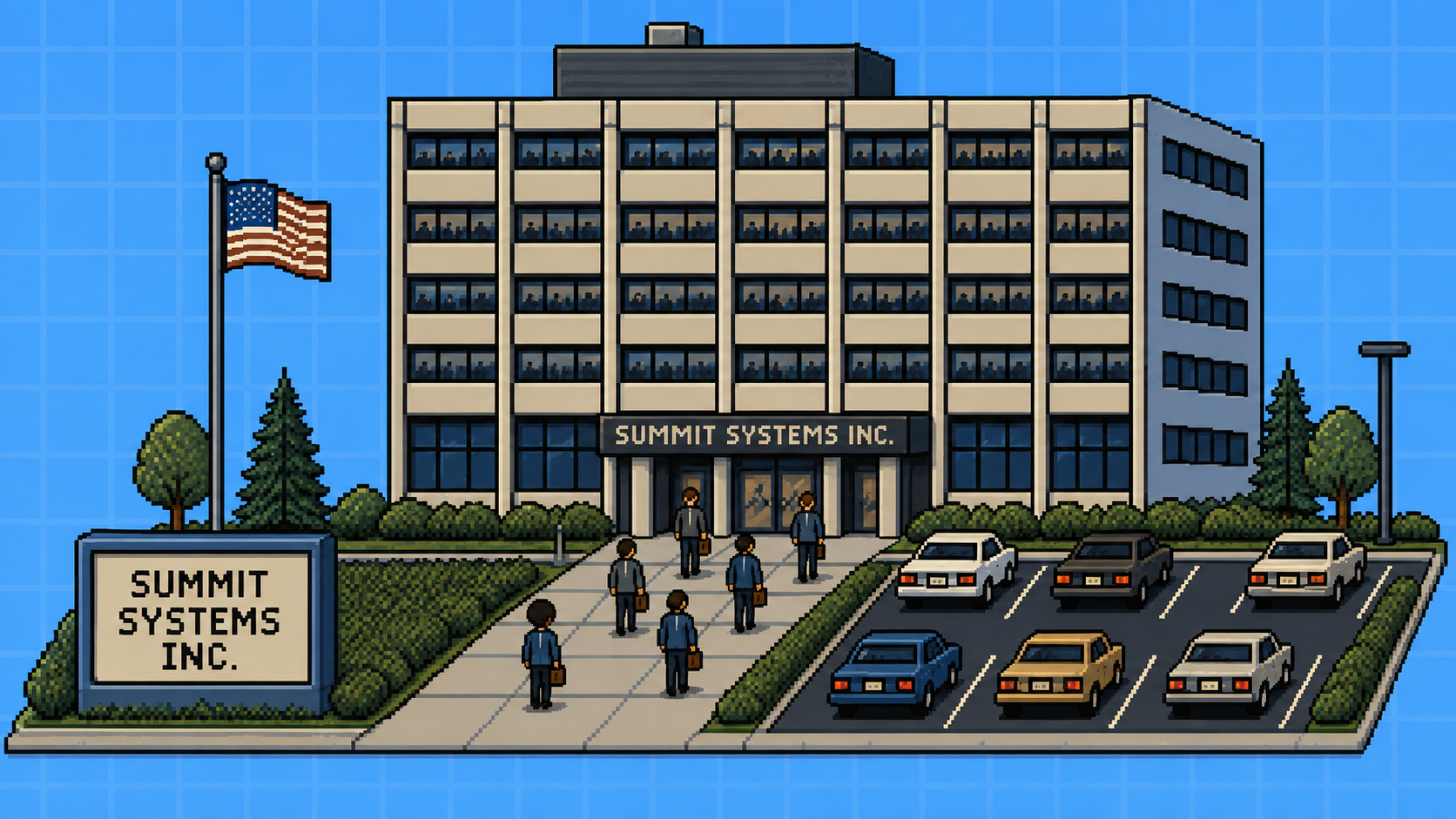 Pixel-art Summit Systems Inc. corporate headquarters with employees arriving and cars in the parking lot