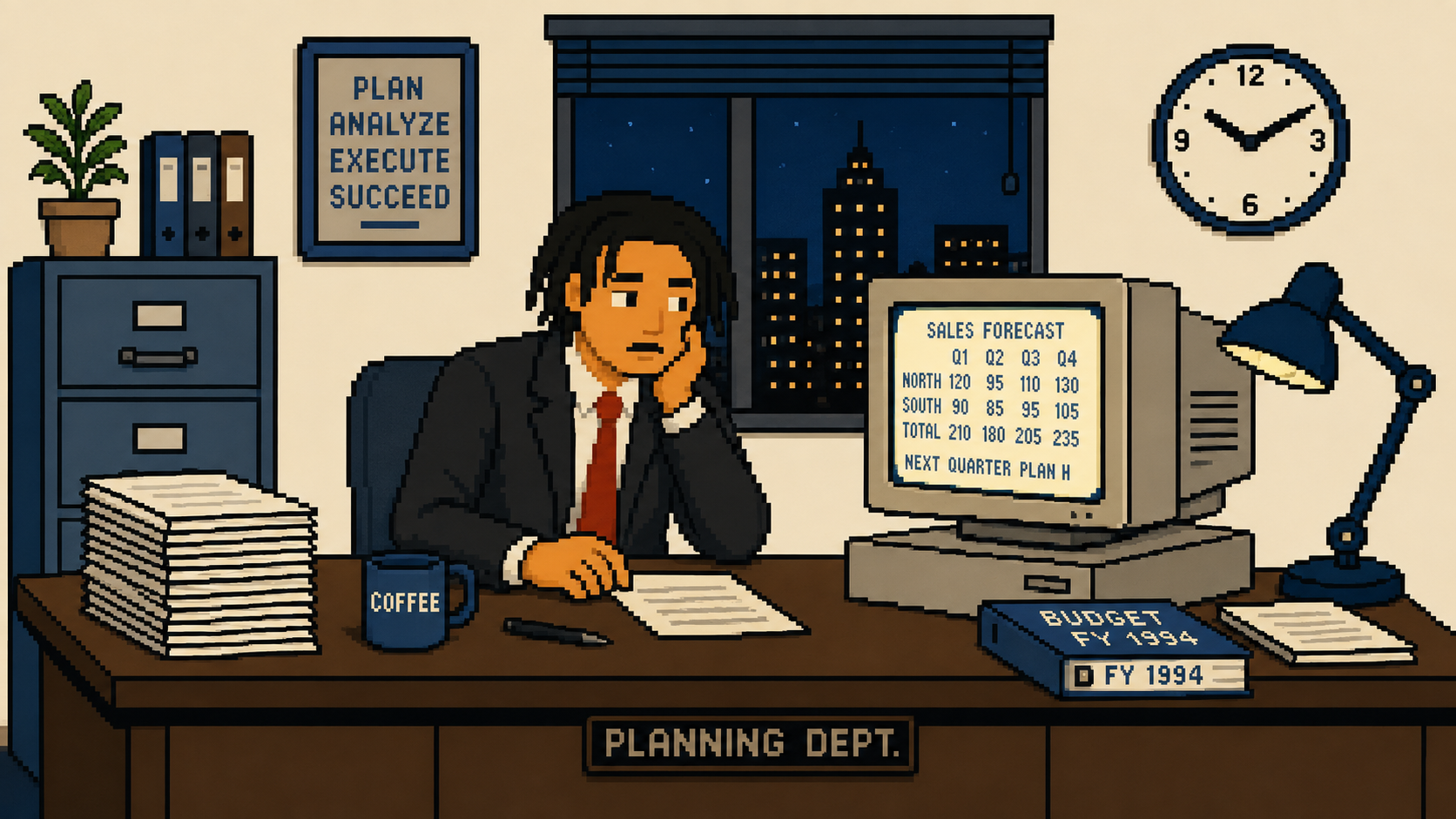 Pixel-art office worker at a planning desk late at night